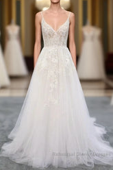 Long A-line V-neck Backless Appliques Lace Tulle Wedding Dresses